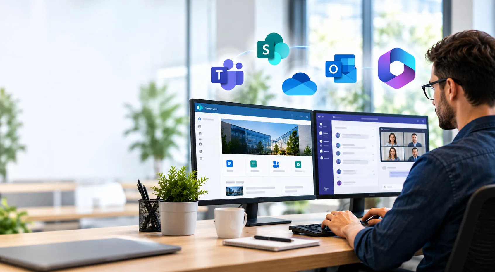 Mitarbeiter mit SharePoint und Teams auf zwei Bildschirmen, darüber die Symbole von Teams, SharePoint, OneDrive, Outlook und Microsoft 365