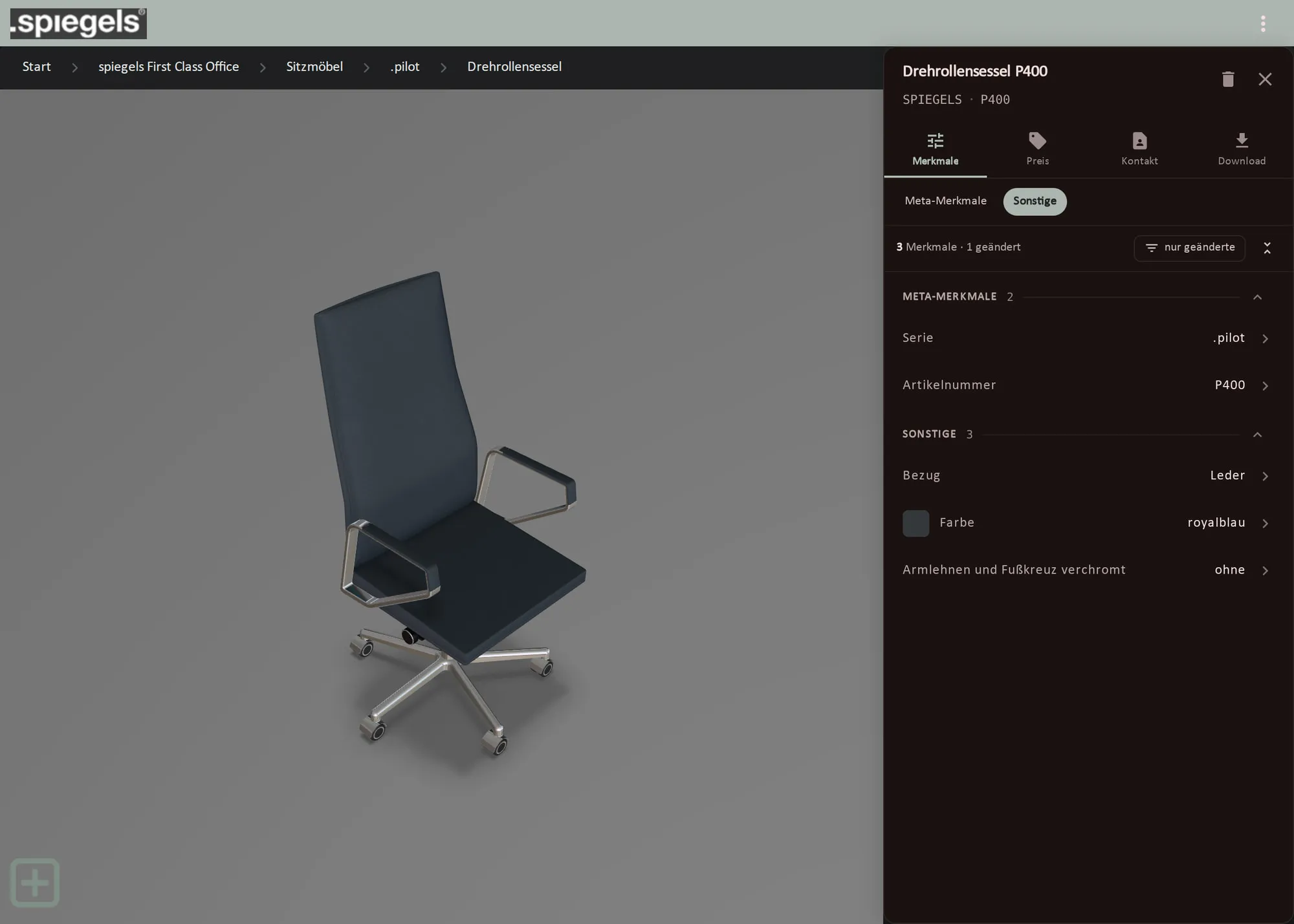 3D office WebKatalog im Browser mit dem Chefsessel .pilot P400 von spiegels als 3D-Modell und seinen Merkmalen wie Bezug und Farbe