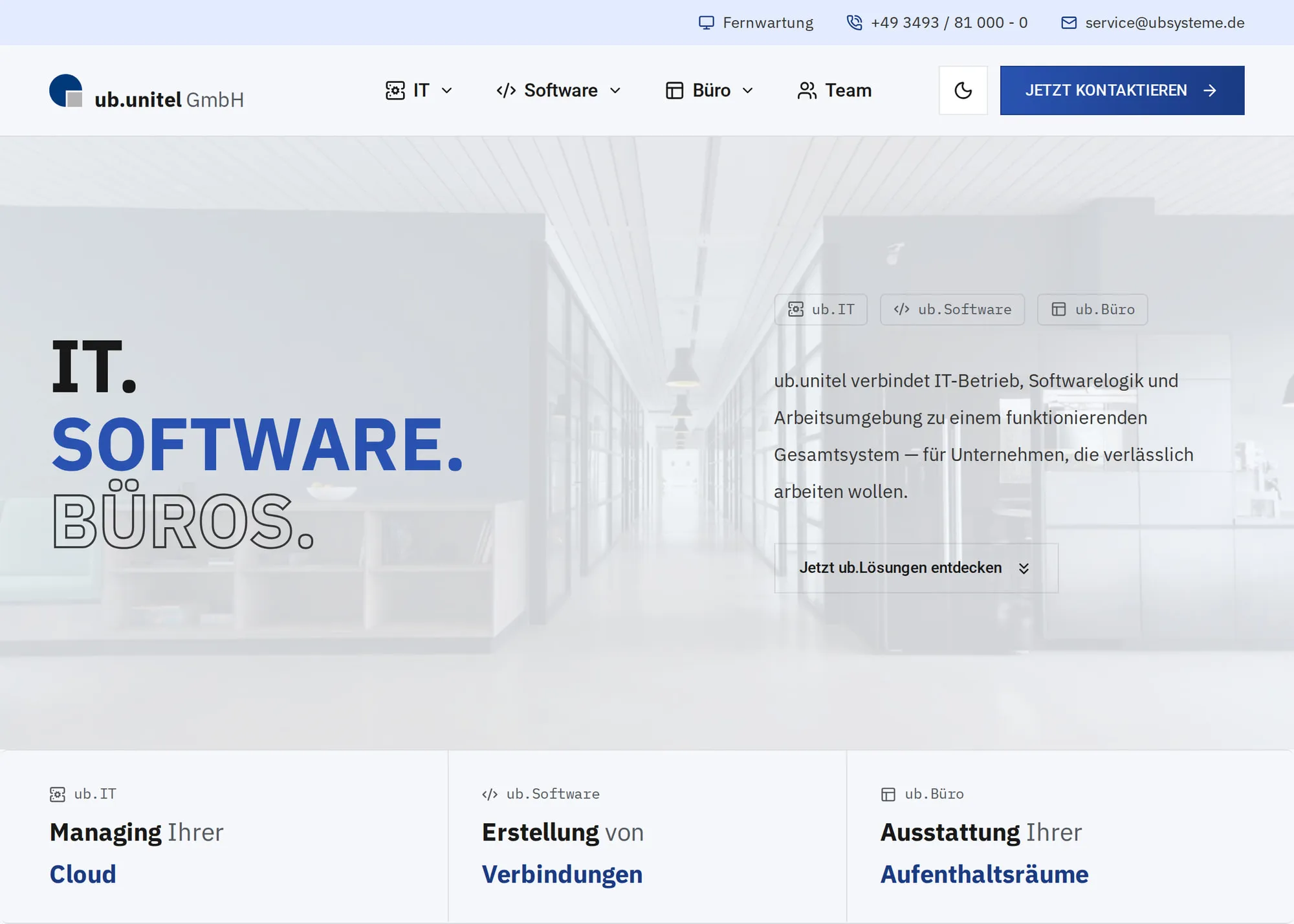 Startseite der neuen Website von ub.unitel mit der Überschrift „IT. Software. Büros.“
